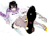  1girl black_hair glasses kazue_kato original scarf skirt snow 