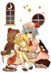  2girls ascot bat_wings blonde_hair bloomers blouse blue_hair book book_hug bow cupcake flandre_scarlet food fork fruit hat hat_ribbon highres leaning looking_at_another mary_janes mob_cap multiple_girls puffy_short_sleeves puffy_sleeves remilia_scarlet ribbon seiza shoes short_hair short_sleeves siblings side_ponytail simple_background sisters sitting sketazusa skirt sleeping smile star strawberry stuffed_animal stuffed_toy teddy_bear touhou tray vest white_background window wings wrist_cuffs 