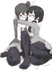  2girls asagiri_shiori black_hair blush closed_eyes eyes_closed g_no_hito glasses highres hug kitashirakawa_tamako monochrome multiple_girls pantyhose scarf simple_background sketch skirt tamako_market wink 