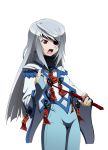  1girl ahoge blazblue bodysuit bridal_gauntlets cape cosplay crotch_plate drawfag eyepatch flat_chest highres huge_ahoge infinite_stratos laura_bodewig long_hair nu-13 nu-13_(cosplay) ofuda open_mouth red_eyes riding_crop silver_hair solo very_long_hair 