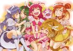  &gt;_&lt; 5girls aoki_reika azarashing_day bike_shorts blonde_hair blue_hair blush candy_(smile_precure!) carrying clenched_teeth cure_beauty cure_happy cure_march cure_peace cure_sunny dress green_eyes green_hair hair_tubes hands_on_shoulders head_wings hino_akane hoshizora_miyuki hug incipient_kiss kise_yayoi long_hair magical_girl midorikawa_nao multiple_girls open_mouth orange_eyes orange_hair outstretched_arms pink_eyes pink_hair ponytail precure short_hair shorts_under_skirt skirt smile smile_precure! tiara wink wrist_cuffs yellow_dress yellow_eyes 