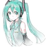  1girl detached_sleeves hatsune_miku headphones long_hair s@ki_kilisawa simple_background smile solo twintails very_long_hair vocaloid white_background 