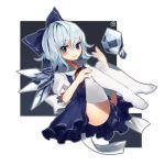  &#9320; 1girl ? blue_background blue_dress blue_eyes blue_hair bow cirno dress hair_bow ice knees_to_chest looking_at_viewer migihidari_(puwako) no_shoes puffy_short_sleeves puffy_sleeves ribbon short_hair short_sleeves simple_background smile solo thigh-highs thighhighs touhou white_background â‘¨ 