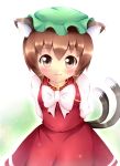  1girl :3 animal_ears arms_behind_back blush bow brown_hair cat_ears cat_tail chen dress gradient gradient_background hat high_collar jewelry kane-neko light_particles long_sleeves looking_at_viewer multiple_tails red_dress ribbon short_hair simple_background single_earring solo tail touhou 