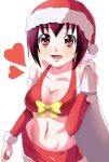  1girl blush bow breasts cleavage detached_sleeves hat heart hoshizora_ikuyo masaki_kazusa midriff navel precure purple_hair red_eyes sack santa_costume santa_hat skirt smile smile_precure! solo 