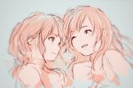 2girls bare_shoulders blush face-to-face long_hair looking_at_another lying monochrome multiple_girls on_side open_mouth original sketch smile syou_(endemic_species) wink yuri 