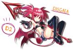  1girl bracelet demon_tail demon_wings disgaea disgaea_d2 earrings etna gloves jewelry keizoo navel polearm red_eyes red_hair redhead short_hair skull sleeveless solo spear tail twintails weapon white_background wings 