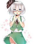  1girl bespectacled blue_eyes blush glasses hairband highres konpaku_youmu looking_at_viewer pokachu red-framed_glasses semi-rimless_glasses silver_hair simple_background skirt smile solo touhou white_background 