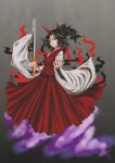  1girl black_hair bow dokumannju dress fingernails foreshortening ghost_tail grey_background hair_bow horn konngara long_fingernails long_sleeves looking_at_viewer nail_polish ponytail red_dress red_eyes short_hair simple_background solo sword touhou touhou_(pc-98) weapon wide_sleeves 