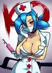  1girl blue_hair blush breasts chin_rest choker cleavage commentary cross-shaped_pupils dripping eyepatch face_mask gloves hair_over_one_eye hat ian_chase large_breasts mask no_bra nurse nurse_cap ponytail red_eyes saw skullgirls solo surgical_mask syringe valentine_(skullgirls) weapon white_gloves 