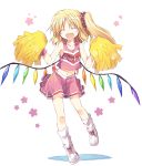  1girl :d ^_^ alternate_costume cheerleader closed_eyes eyes_closed fangs flandre_scarlet loose_socks midriff navel open_mouth pom_poms satoukibi scrunchie shoes side_ponytail simple_background skirt smile sneakers socks solo touhou white_background white_legwear wings 