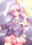  1girl animal_ears blue_background blush bunny_ears dress_shirt foreshortening full_moon hiyokodou jacket light_particles long_hair long_sleeves looking_at_viewer moon necktie open_mouth pointing purple_hair rabbit_ears red_eyes reisen_udongein_inaba shirt skirt solo touhou 