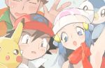 1girl 2boys baseball_cap beanie black_hair hat hikari_(pokemon) looking_at_viewer multiple_boys numata pikachu piplup pokemon pokemon_(anime) pokemon_(creature) satoshi_(pokemon) takeshi_(pokemon) 
