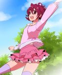  1girl aida_mana arm_up dokidoki!_precure flipped_hair half_updo happy kasaki_takao pink_eyes pink_hair precure purple_legwear short_hair skirt sky smile solo sweater thigh-highs thighhighs tree 