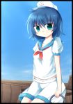  1girl blue_eyes blue_hair blush flat_chest fuuen_(akagaminanoka) hat midriff murasa_minamitsu sitting smile solo touhou 