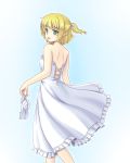  1girl alternate_costume aqua_background backless bare_arms bare_shoulders blonde_hair dress from_behind gomi_(gomitin) green_eyes holding holding_shoes looking_at_viewer looking_back mizuhashi_parsee open-back_dress pointy_ears ponytail short_hair shoulder_blades solo touhou wedding_dress 