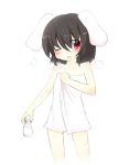  1girl animal_ears black_hair blush bunny_ears flat_chest fuuen_(akagaminanoka) inaba_tewi milk naked_towel open_mouth rabbit_ears red_eyes short_hair simple_background solo touhou towel white_background wink 