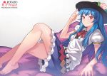  1girl artist_name bare_legs barefoot blue_hair hat hat_tip hinanawi_tenshi legs long_hair potato_(sksnabi) red_eyes smile solo touhou watermark web_address 