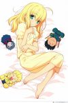 1girl :&gt; :3 ahoge barefoot blonde_hair caster_(fate/zero) character_doll character_request doll fate/stay_night fate/zero fate_(series) feet fetal_position gilgamesh green_eyes highres lancer_(fate/zero) long_hair looking_at_viewer lying on_side pajamas saber simple_background solo takeuchi_takashi toes 
