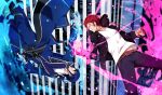 2boys blue_fire blue_hair fire glasses k_(anime) long_coat multiple_boys munakata_reishi pink_fire red_eyes red_hair redhead suou_mikoto_(k) sword weapon yun_(neo) 