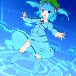  1girl blue_eyes blue_hair hair_bobbles hair_ornament hat kawashiro_nitori key nikku_(ra) open_mouth outstretched_arms short_hair skirt skirt_set solo touhou twintails two_side_up 