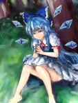  1girl alternate_hair_length alternate_hairstyle barefoot blue_dress blue_eyes blue_hair bow cirno dress eyelashes faux_traditional_media grass hair_bow hands_together knees_up lips long_hair looking_at_viewer nail_polish ribbon short_sleeves sitting smile solo touhou tree txoxsxhxi 