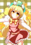  1girl animal_ears blonde_hair bow chen chen_(cosplay) child cosplay flower fox_ears fox_tail hat long_sleeves looking_at_viewer merry_(diameri) midriff multiple_tails outstretched_arms shirt skirt skirt_set smile solo tail touhou vest yakumo_ran yellow_eyes young 