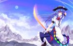 blue_hair boots cross-laced_footwear cross_(crossryou) food fruit hand_on_hat hat highres hinanawi_tenshi long_hair long_skirt mountain peach red_eyes skirt solo sword_of_hisou touhou