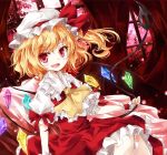  1girl ascot blonde_hair bow dress fang flandre_scarlet glowing glowing_wings hat hat_ribbon laevatein looking_at_viewer open_mouth pink_eyes red_dress ribbon side_ponytail sitting smile solo tamago_gohan touhou window wings wrist_cuffs 