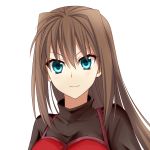  1girl aozaki_aoko blue_eyes breasts brown_hair bust long_hair mahou_tsukai_no_yoru red-eyes_macadamiachoco simple_background smile solo type-moon white_background 