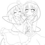  2girls closed_eyes eyes_closed fuuen_(akagaminanoka) hand_holding hat holding_hands komeiji_koishi komeiji_satori lineart monochrome multiple_girls open_mouth short_hair smile touhou transparent_background 