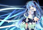  azican blue_hair bridal_gauntlets center_opening green_eyes hatsune_miku hatsune_miku_(append) long_hair miku_append navel necktie open_mouth solo thigh-highs thighhighs twintails very_long_hair vocaloid vocaloid_append 