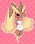  animal_ears apron arms_behind_back black_sclera blush bunny_ears eyebrows highres highvoltage lopunny naked_apron no_humans open_mouth pokemon pokemon_(creature) pokemon_(game) polka_dot polka_dot_background rabbit_ears red_eyes solo thick_eyebrows 