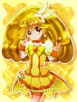  1girl bike_shorts blonde_hair boots choker cure_peace double_v dress kise_yayoi long_hair magical_girl open_mouth ponytail precure skirt smile smile_precure! solo tiara v wrist_cuffs yellow_dress yellow_eyes 