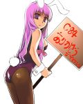  1girl animal_ears ass back black_legwear bowtie breasts bunny_tail bunnysuit cleavage crescent fake_animal_ears leotard long_hair looking_back open_mouth pantyhose patchouli_knowledge purple_hair rabbit_ears sign solo tail touhou violet_eyes wrist_cuffs yuu_(kfc) 