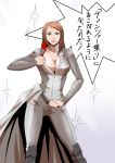  1girl adela_seawell belt blue_eyes breasts brown_hair cleavage collarbone d_(atelierd) front_mission front_mission_evolved large_breasts lips long_hair open_clothes pilot_suit solo sparkle translation_request white_background 