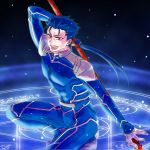  1boy blue_hair earrings fate/stay_night fate_(series) gae_bolg jewelry lancer long_hair magic_circle miyacok polearm ponytail red_eyes solo spear weapon 