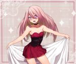  1girl bare_arms bare_shoulders blush breasts choker corset dress erubo long_hair open_mouth original outstretched_arms pink_hair purple_eyes short_dress skirt smile solo violet_eyes 