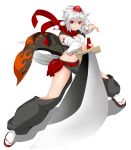  1girl animal_ears ayase_tamaki bare_legs belt breasts cape cleavage foreshortening hat inubashiri_momiji looking_at_viewer navel pointing pointing_at_viewer red_eyes sword tail tokin_hat touhou weapon white_hair wolf_ears wolf_tail 