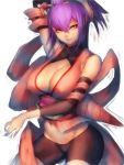  1girl amane_nishiki bike_shorts blazblue blazblue:_chrono_phantasma breasts cleavage fumio_(rsqkr) genderswap grey_eyes large_breasts long_hair purple_hair smile solo 