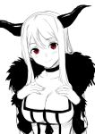  1girl blush breast_suppress breasts bust choker cleavage demon_girl female fur_trim hands_on_own_chest highres horns large_breasts looking_at_viewer maou_(maoyuu) maoyuu_maou_yuusha monochrome red_eyes rokkaku_(ajisaidenden) simple_background sketch smile solo spot_color white_background 