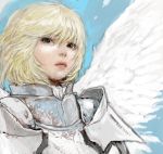  1girl armor black_eyes blonde_hair bust knight lips looking_at_viewer original pon short_hair solo wings 