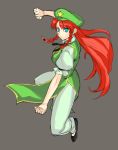  blue_eyes braid braids breasts chinese_clothes fighting_stance hat highres hong_meiling kimuchi kung_fu long_hair pants red_hair redhead simple_background sketch solo star touhou twin_braids 