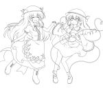  2girls closed_eyes eyes_closed fuuen_(akagaminanoka) hand_holding hat hinanawi_tenshi holding_hands komeiji_koishi lineart long_hair monochrome multiple_girls open_mouth smile touhou very_long_hair 