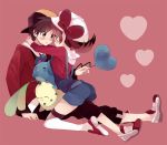  1boy 1girl amezawa_koma bad_id baseball_cap black_hair blush brown_hair chikorita gold_(pokemon) hat hug kotone_(pokemon) marill pokemon pokemon_(creature) pokemon_(game) pokemon_hgss 