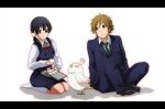  1boy 1girl 71 bird black_hair blue_eyes brown_eyes brown_hair dera_mochi&#039;mazzui dera_mochi'mazzui food kitashirakawa_tamako letterboxed mochi no_shoes ooji_mochizou ponytail sitting tamako_market wagashi 