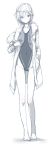  1girl anastasia_(idolmaster) barefoot blue_eyes clearite clothed_navel coat competition_swimsuit fur_trim highleg highleg_swimsuit highres idolmaster idolmaster_cinderella_girls legs looking_at_viewer monochrome one-piece_swimsuit school_swimsuit short_hair silver_hair sketch solo standing swimsuit swimsuit_under_clothes thigh_gap white_background 