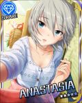  1girl anastasia_(idolmaster) blue_eyes character_name cinderella_girls_card_parody clearite hair_ornament idolmaster idolmaster_cinderella_girls looking_at_viewer open_mouth short_hair silver_hair solo 