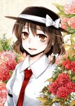  1girl blush brown_eyes brown_hair flower hat kikuichimonji necktie open_mouth short_hair smile solo touhou usami_renko 