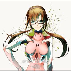  1girl :p :q blue_eyes brown_hair evangelion:_3.0_you_can_(not)_redo glasses green_eyes hairband hand_on_hip houhou_(black_lack) long_hair looking_at_viewer makinami_mari_illustrious neon_genesis_evangelion plugsuit rebuild_of_evangelion red-framed_glasses semi-rimless_glasses solo tongue twintails under-rim_glasses 